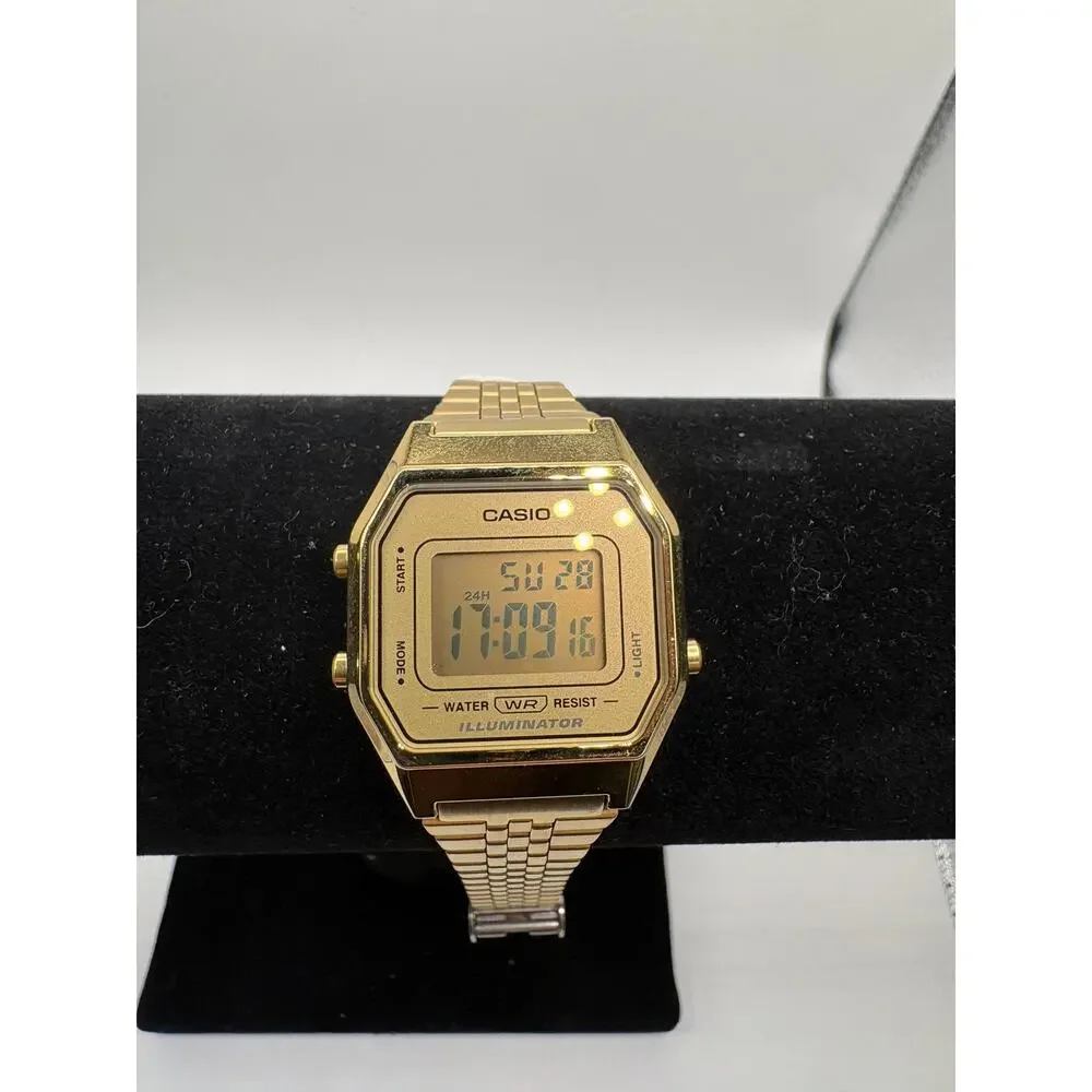 Casio Gold Digital Retro Watch Mirror Face Bracelet Illuminator 24H Gold NWT